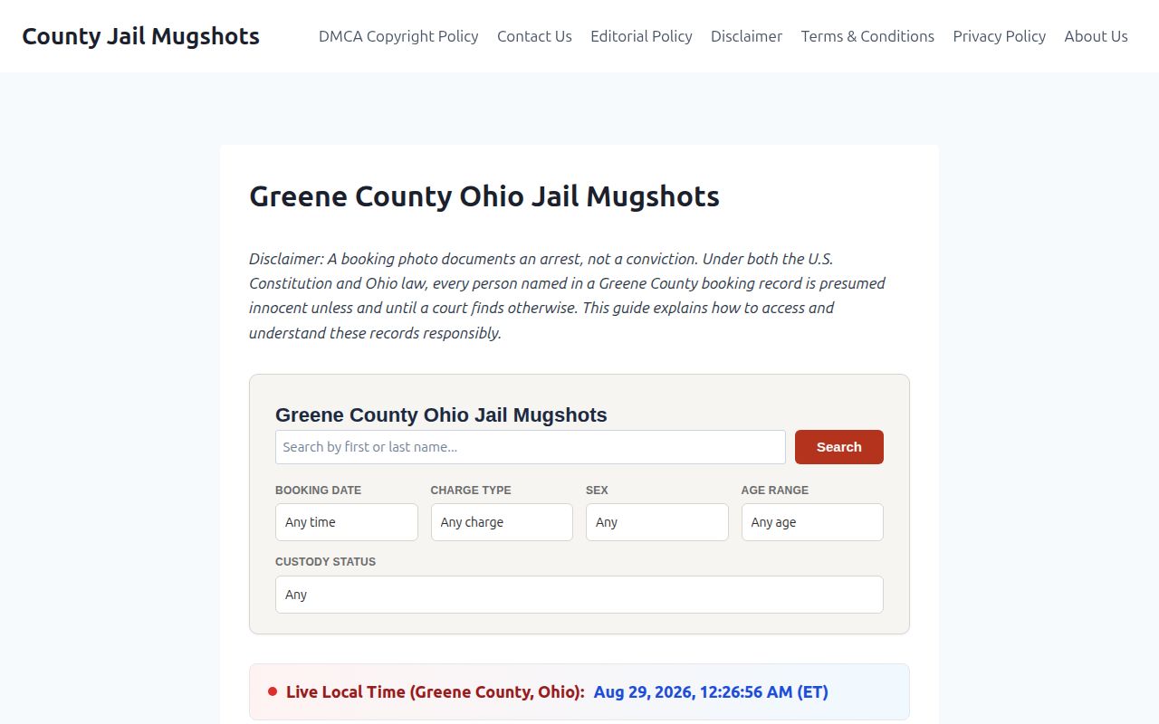 County Jail Mugshots Greene County page shown as an unofficial booking guide