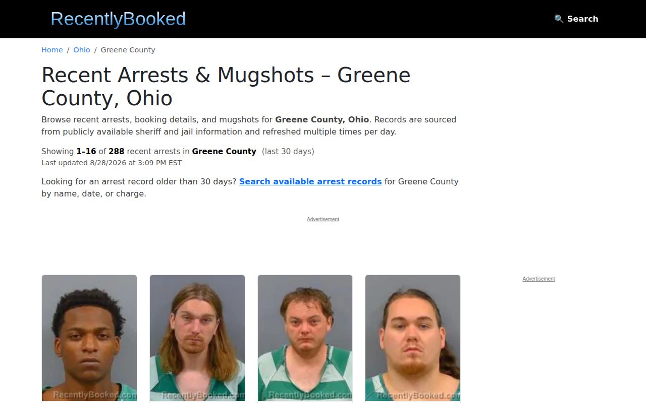 Recently Booked Greene County page shown as an unofficial recent booking source